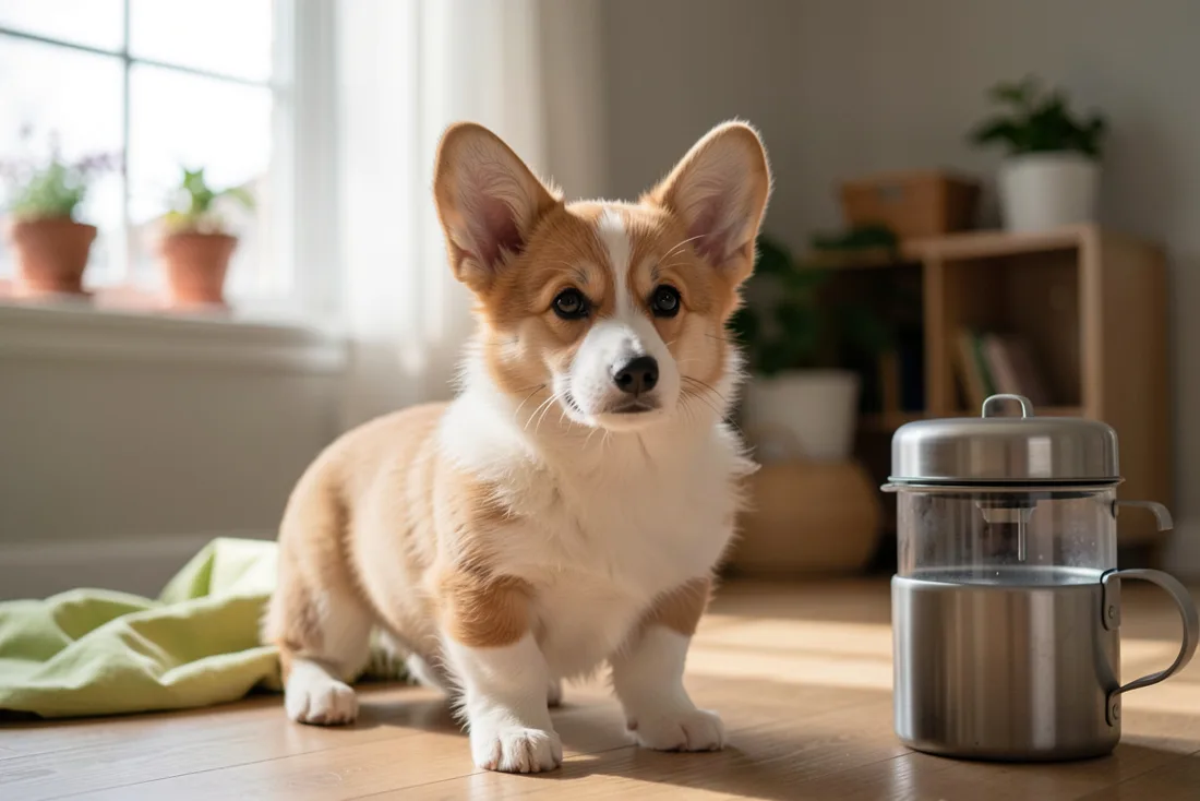 Chiot corgi endormi dans un panier bas posé sur un parquet, à côté d’une gamelle d’eau